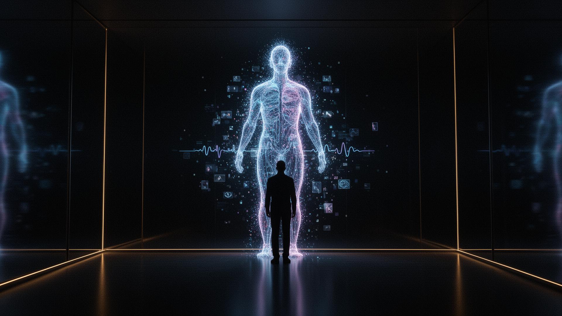 A figure facing a luminous human-shaped reflection of data and light